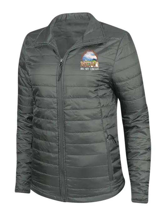 Dark Grey Womens Puffy Packable Jacket w/NCHA Big Sky Circuit Logo
