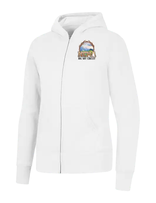 White Womens Core Fleece Full-Zip Hooded Sweatshirt w/NCHA Big Sky Circuit Logo
