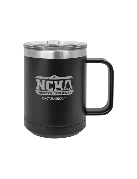 Polar Camel 15 oz Powder Coated Black Vacuum Insulated Mug with Slider Lid w/NCHA Cactus Circuit Logo