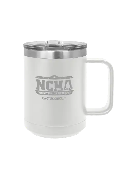 Polar Camel 15 oz Powder Coated White Vacuum Insulated Mug with Slider Lid w/NCHA Cactus Circuit Logo