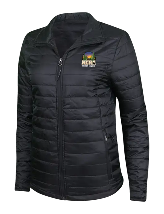 Womens Black Puffy Packable Jacket w/NCHA Cactus Circuit Logo