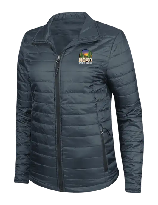 Navy Womens Puffy Packable Jacket w/NCHA Cactus Circuit Logo