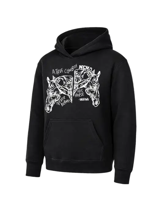 Youth Black 7.8 oz Pullover Hooded Sweatshirt w/True Cowboy Logo