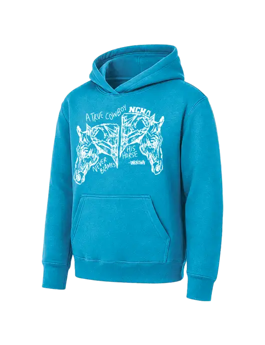 Youth Sapphire 7.8 oz Pullover Hooded Sweatshirt w/True Cowboy Logo