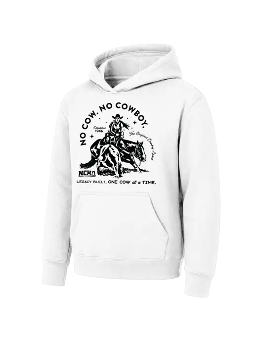Youth White 7.8 oz Pullover Hooded Sweatshirt w/No Cow No Cowboy Logo