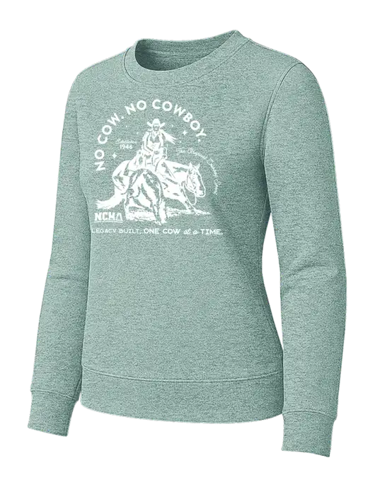 Womens Sage Green Heather Loft Crewneck Sweatshirt w/No Cow No Cowboy Logo