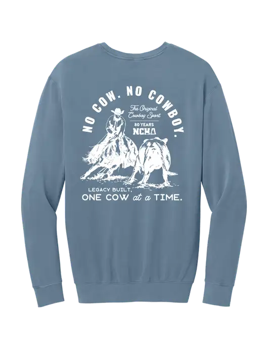 Comfort Colors Garment-Dyed Lightweight Slate Blue Fleece Crewneck Sweatshirt w/No Cow No Cowboy Logo, NCHA Logo