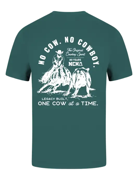 Comfort Colors 6.1 oz Dark Green Heather Heavyweight Ring Spun T-Shirt w/No Cow No Cowboy Logo, NCHA Logo