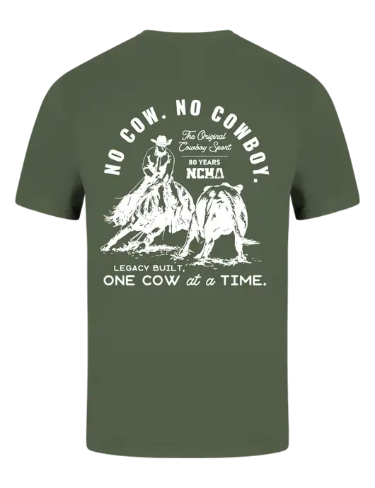 Comfort Colors 6.1 oz Dark Olive Green Heavyweight Ring Spun T-Shirt w/No Cow No Cowboy Logo, NCHA Logo