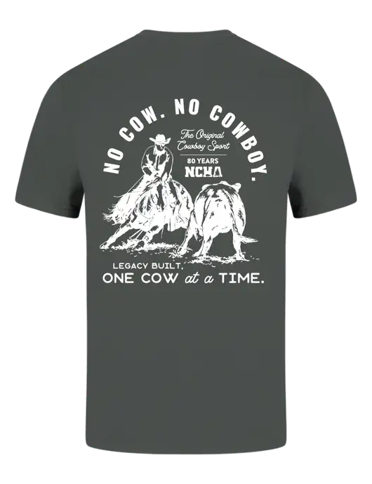 Comfort Colors 6.1 oz Dark Grey Heather Heavyweight Ring Spun T-Shirt w/No Cow No Cowboy Logo, NCHA Logo