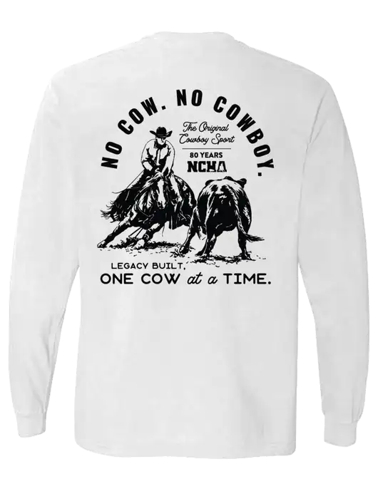 Comfort Colors Garment-Dyed White Heavyweight Long Sleeve T-Shirt w/No Cow No Cowboy Logo, NCHA Logo