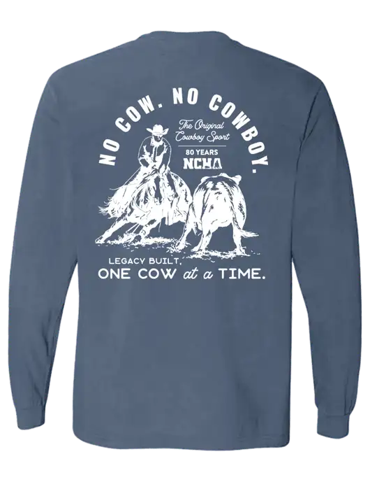 Comfort Colors Garment-Dyed Blue Slate Heavyweight Long Sleeve T-Shirt w/No Cow No Cowboy Logo, NCHA Logo