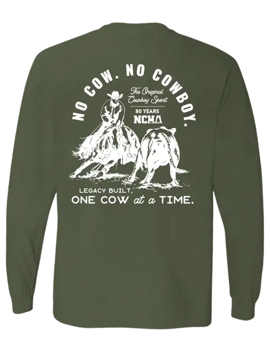 Comfort Colors Garment-Dyed Dark Olive Green Heavyweight Long Sleeve T-Shirt w/No Cow No Cowboy Logo, NCHA Logo
