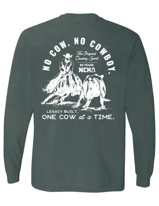 Comfort Colors Garment-Dyed Dark Green Heather Heavyweight Long Sleeve T-Shirt w/No Cow No Cowboy Logo, NCHA Logo
