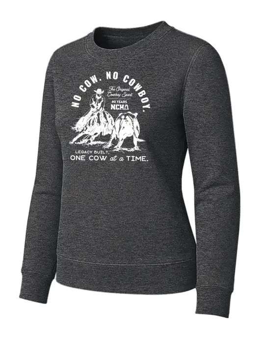 Womens Charcoal Heather Loft Crewneck Sweatshirt w/No Cow No Cowboy Logo