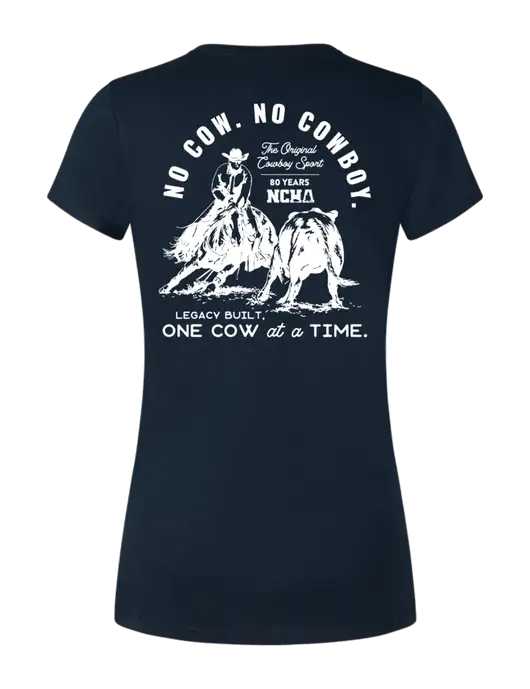 Womens Simply Soft Navy 4.5oz Poly/Combed Ring Spun Cotton T-Shirt w/No Cow No Cowboy Logo, NCHA Logo
