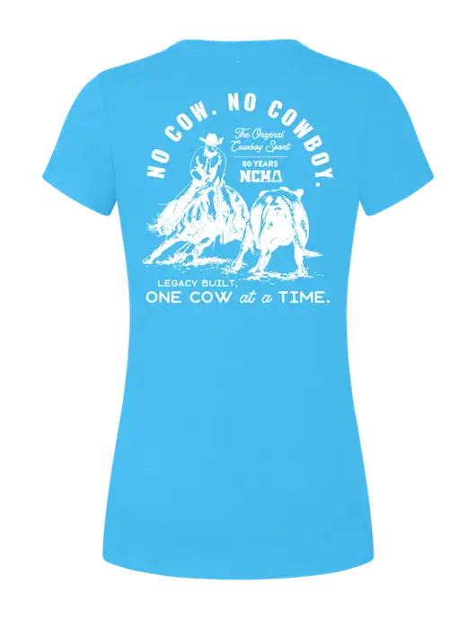 Womens Simply Soft Turquoise Frost 4.5oz  Poly/Combed Ring Spun Cotton T-Shirt w/No Cow No Cowboy Logo, NCHA Logo