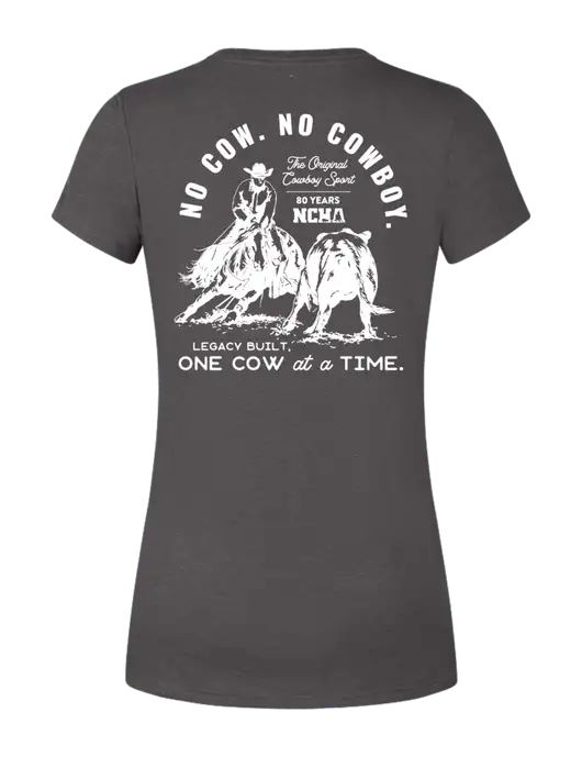 Womens Simply Soft Heather Charcoal 4.5oz  Poly/Combed Ring Spun Cotton T-Shirt w/No Cow No Cowboy Logo, NCHA Logo