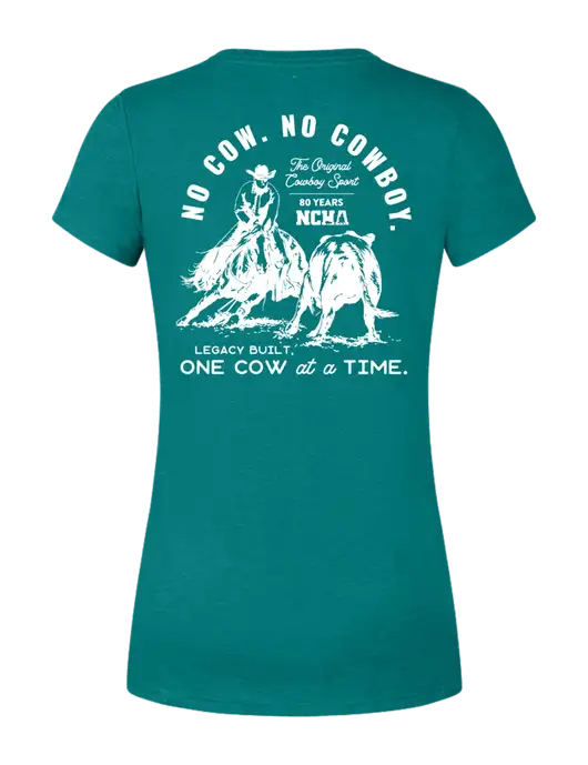 Womens Simply Soft Heathered Dark Teal 4.5oz  Poly/Combed Ring Spun Cotton T-Shirt w/No Cow No Cowboy Logo, NCHA Logo