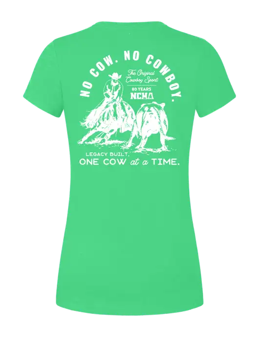 Womens Simply Soft Green Frost 4.5oz Poly/Combed Ring Spun Cotton T-Shirt w/No Cow No Cowboy Logo, NCHA Logo