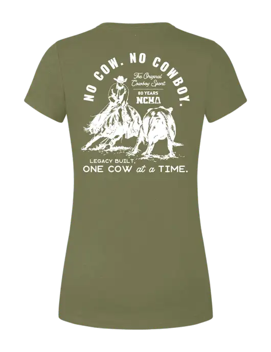 Womens Simply Soft Military Green Frost 4.5oz Poly/Combed Ring Spun Cotton T-Shirt
 w/No Cow No Cowboy Logo, NCHA Logo