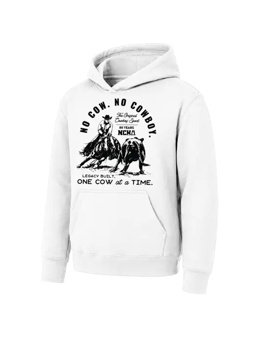 Youth White 7.8 oz Pullover Hooded Sweatshirt w/No Cow No Cowboy Logo
