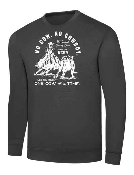 Dark Heather Grey 7.8 oz Ring Spun Crew Sweatshirt w/No Cow No Cowboy Logo