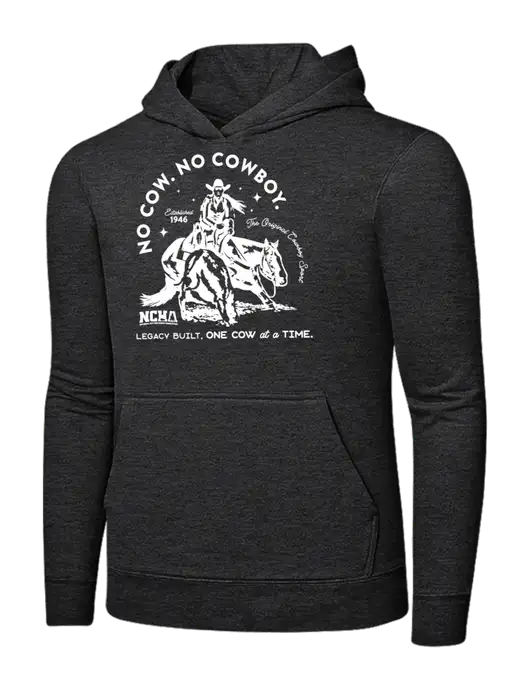 Dark Heather Grey 7.8 oz Ring Spun Hooded Sweatshirt w/No Cow No Cowboy Logo