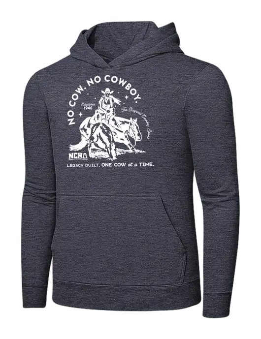 Heather Navy 7.8 oz Ring Spun Hooded Sweatshirt w/No Cow No Cowboy Logo