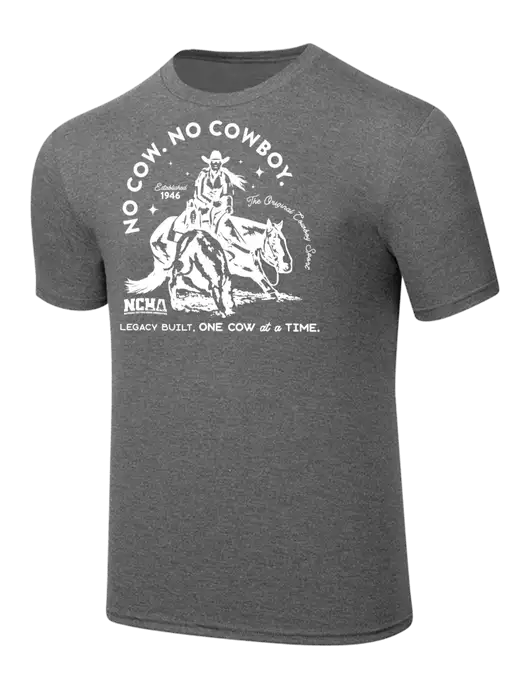 Simply Soft Heathered Medium Grey 4.5oz  Poly/Combed Ring Spun Cotton T-Shirt w/No Cow No Cowboy Logo